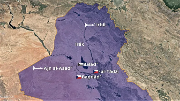 Mapa Iráku. Raketou označeny základny zasažené Íránem, vlajkami základny, kde působili nebo působí čeští vojáci