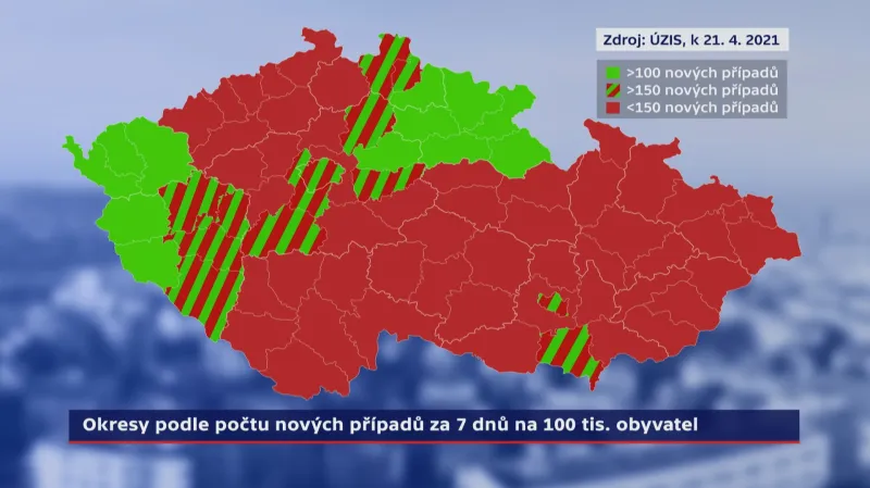 Okresy podle počtu nových případů za sedm dnů na 100 tisíc obyvatel