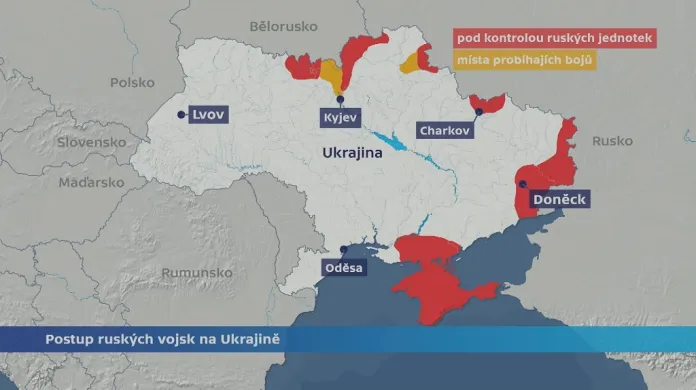Postup ruských vojsk na Ukrajině z poledne 25. února