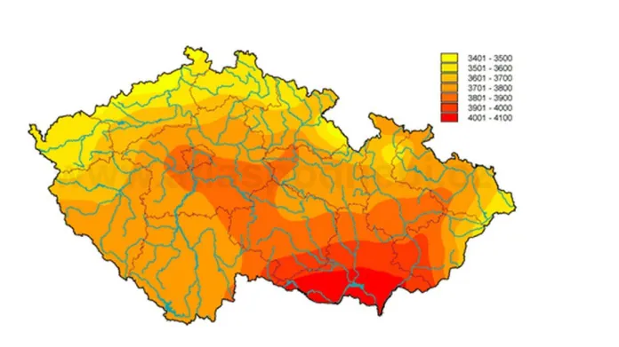 Mapa intenzity slunečního záření v ČR