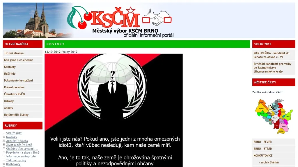 Anonymous napadli stránky brněnské KSČM