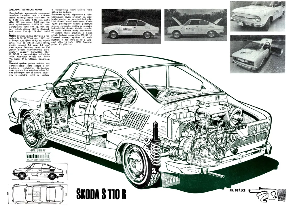 Plánek automobilu Škoda 110 R, tzv. rentgenový obrázek, namaloval automobilový designér, konstruktér a závodník Václav Král