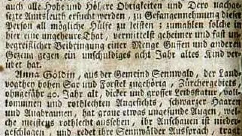 Zatykač na Annu Göldiovou uveřejněný v Zürcher Zeitung 9. února 1782