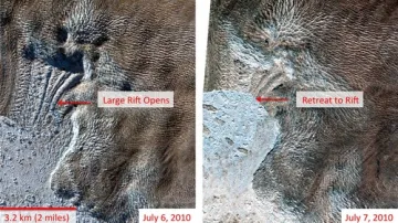 Snímky NASA zachycují obrovský kus ledu, který se ulomil z ledovce Jakobshavn Isbrae