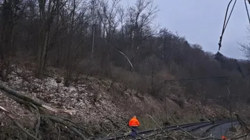 Odklízení následků pádu stromu na železnici