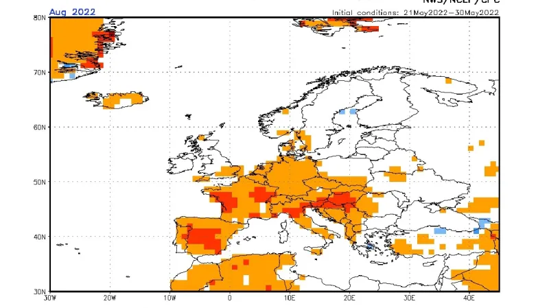 Očekáváná odchylka teploty pro měsíc srpen podle amerického předpovědního systému
