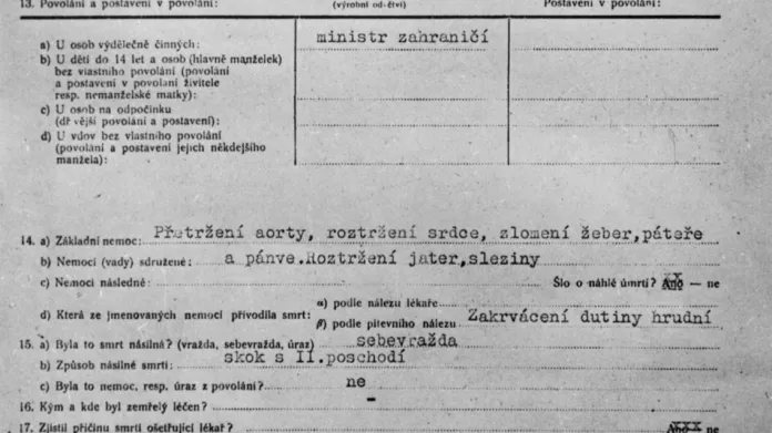 Ohledací list o smrti Jana Masaryka z roku 1948