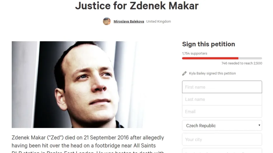 Petice žádající spravedlnost pro Čecha ubitého v Londýně