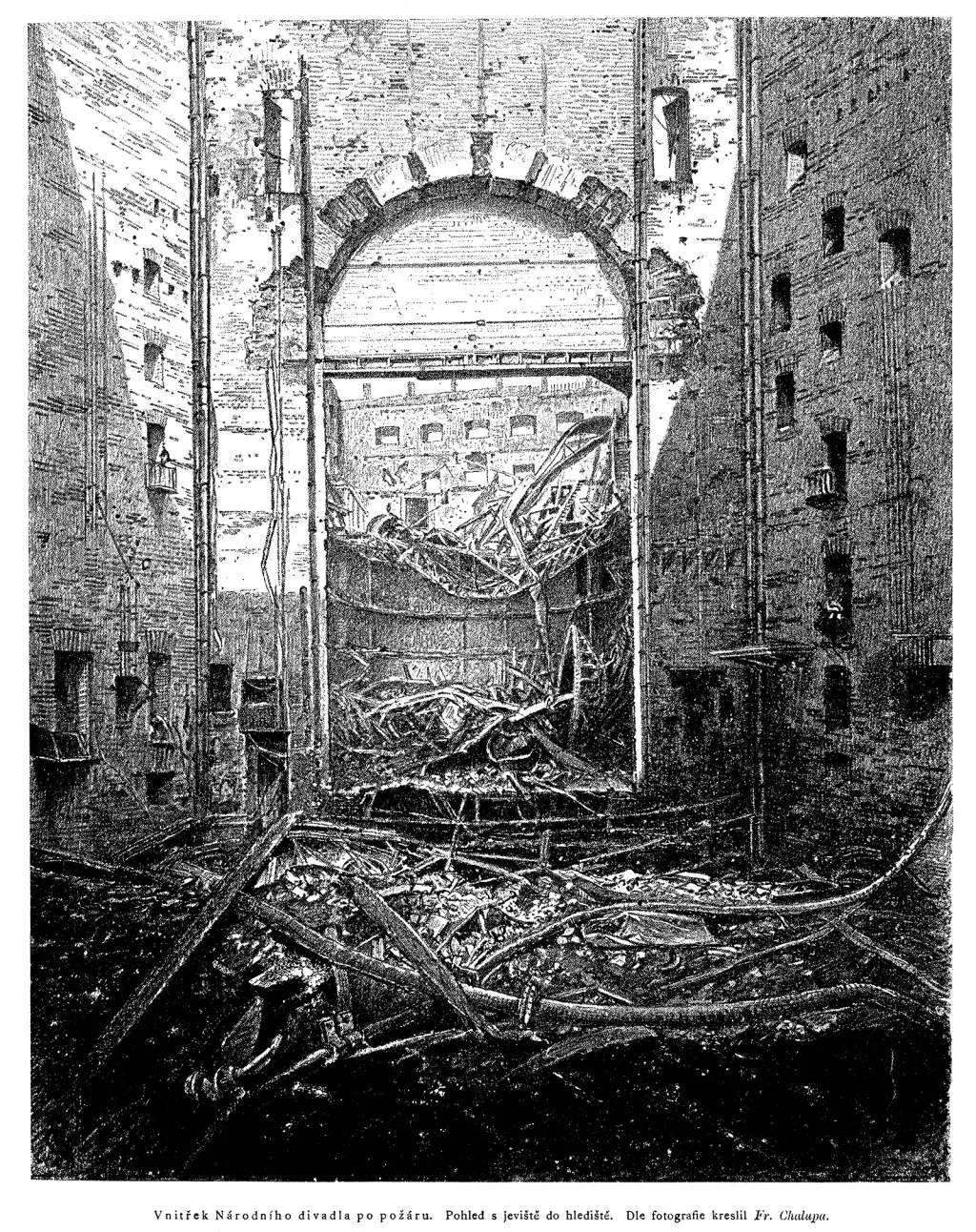 Vnitřek Národního divadla po požáru. Pohled z jeviště do hlediště.