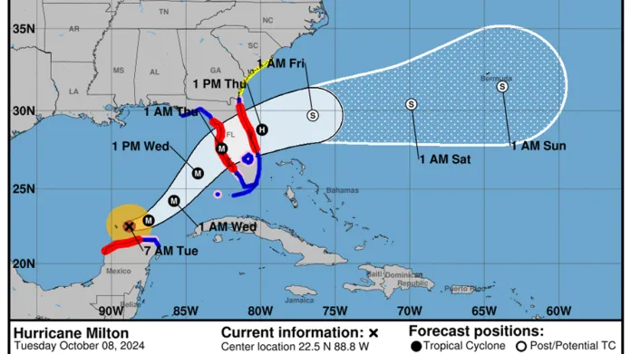 Předpokládaná dráha postupu hurikánu Milton v tomto týdnu