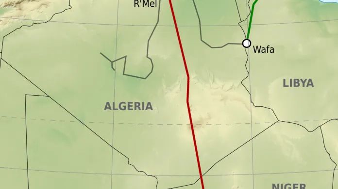 Vybrané plynovody v západním Středomoří. Žlutě plynovod Maghreb-Evropa, modře Medgaz