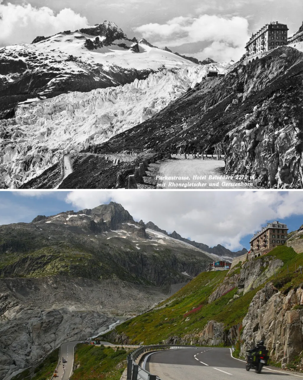 Hotel Belveder byl na snímku z roku 1938 ještě obklopen ledovcem Rhône, ten už teď prakticky zmizel