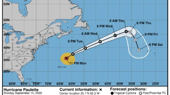 Předpověď postupu hurikánu Paulette (časy v AST, posun oproti Česku je o 6 hodin méně)