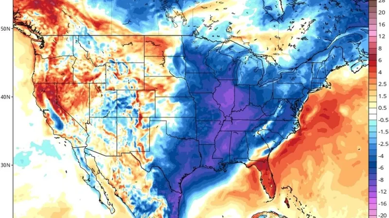 Východ USA zasáhl v posledních dnech příliv studeného arktického vzduchu (odchylka teploty vzduchu ve stupních Celsia v úterý 2. prosince od normálu)