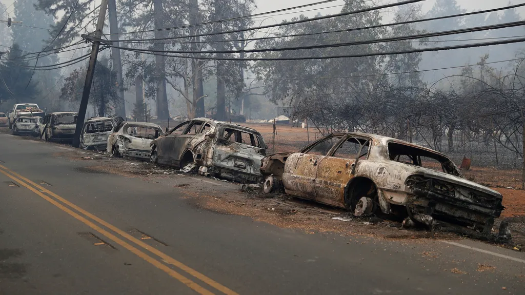 Řada vyhořelých automobilů na krajnici požárem zničeného města Paradise