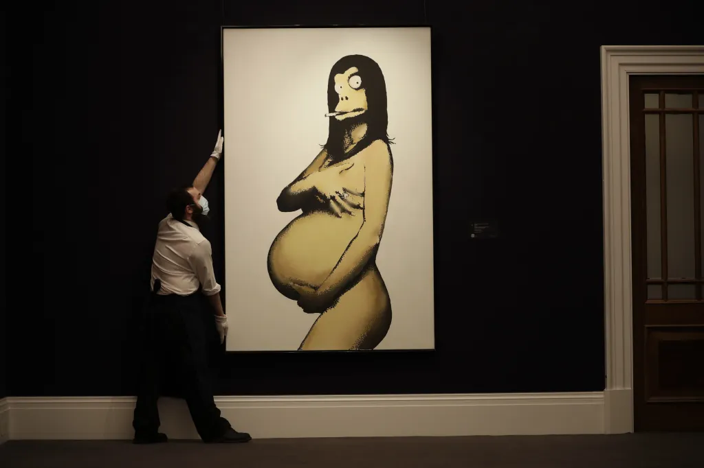 Parodie na ikonickou fotografii herečky Demi Mooreové, kterou pro obálku Vanity Fair zvěčnila fotografka Annie Leibovitzová nahou a těhotnou