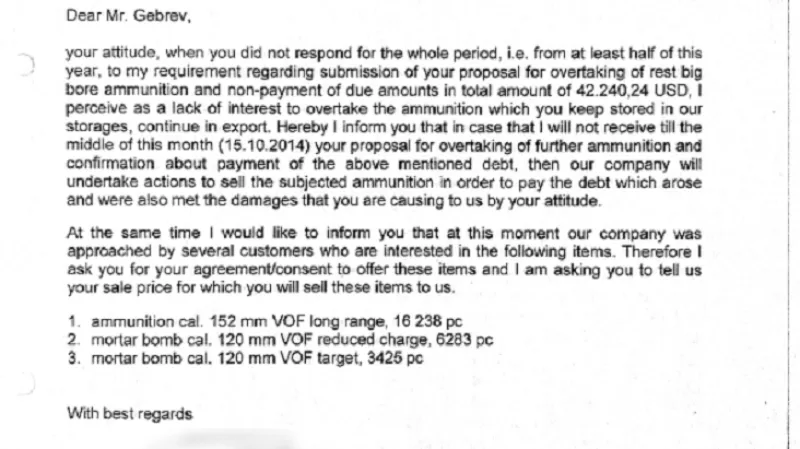 Dopis šéfa firmy Imex bulharskému obchodníkovi Gebrevovi