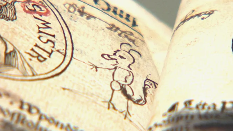 Kresba ďábla od pátera Koniáše v textu o Janu Husovi (v kronice Martina Kuthena ze Šprinsberku)