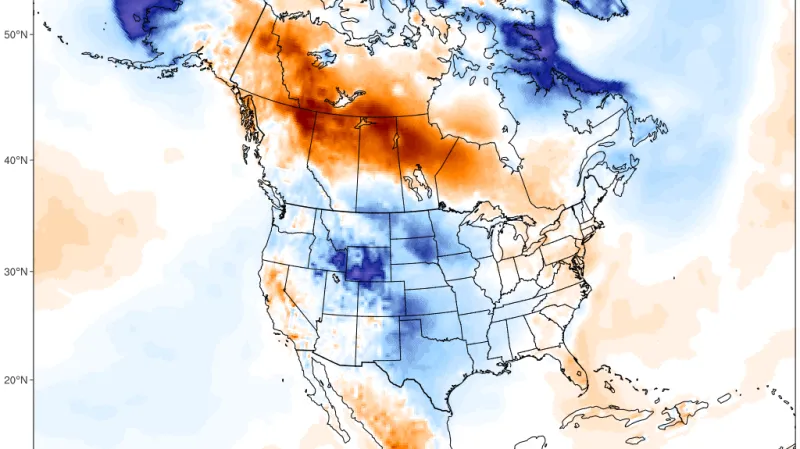 Odchylka teploty od průměru 1979–2000 v Severní Americe