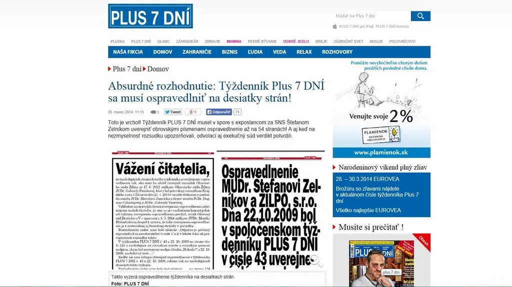 Rekordní omluvu napíše týdeník Plus 7 dní