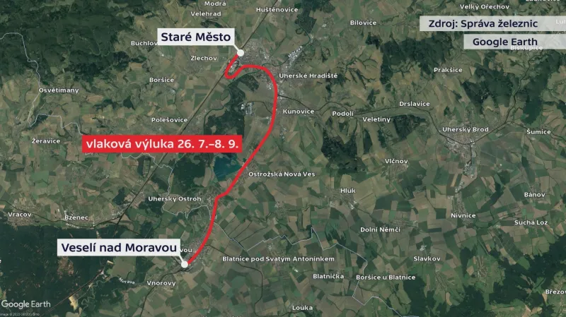 Vlaková výluka mezi Starým Městem a Veselím nad Moravou