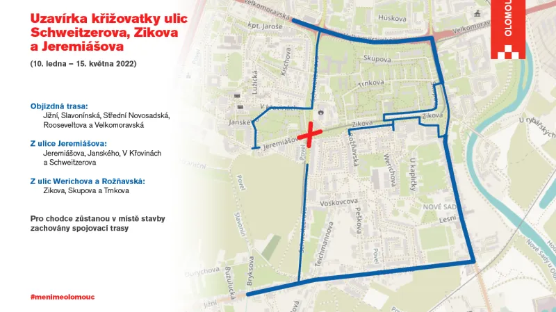 Objízdné trasy během uzavření křižovatky na Nových Sadech