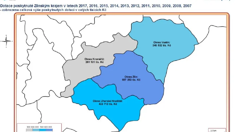 Rozdělení dotací podle okresů