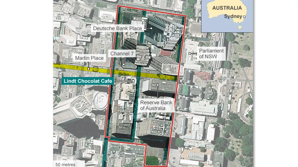 Mapa okolí přepadení kavárny v Sydney