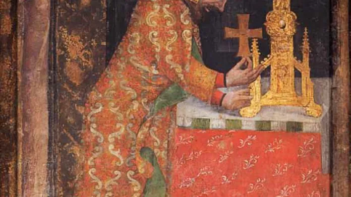 Ostatková scéna karlštejnské výzdoby - Karel IV. ukládá do zlatého relikviáře dřevěný křížek z Kristova kříže