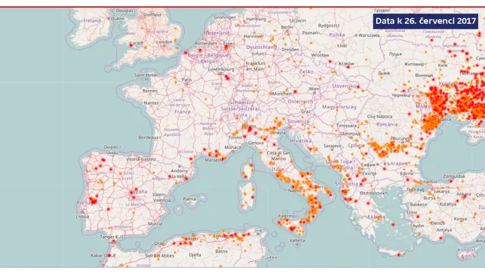 Místa požárů v Evropě