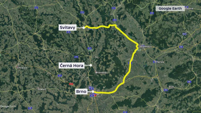 Mapa objízdné trasy z Brna do Svitav