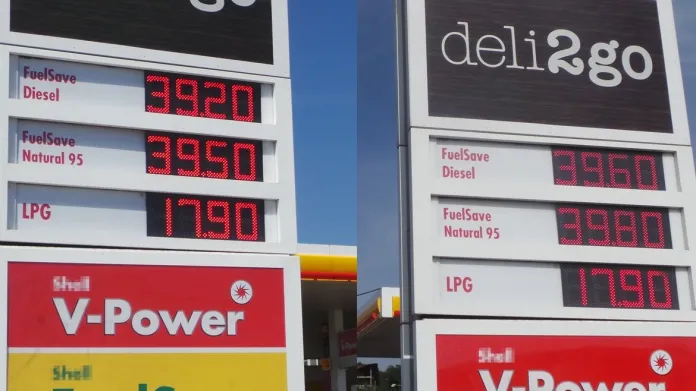 Ceny pohonných hmot minulý týden (vlevo) a tento pátek (vpravo)