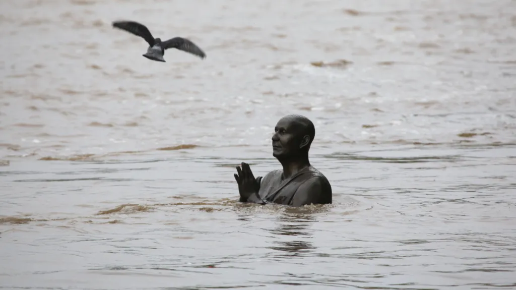 Zaplavená socha indického duchovního učitele Šrí Činmoje na vltavském břehu na pražské Kampě v 16:40 dne 2. června 2013. Socha zcela zmizela pod hladinou Vltavy již v 19:40.