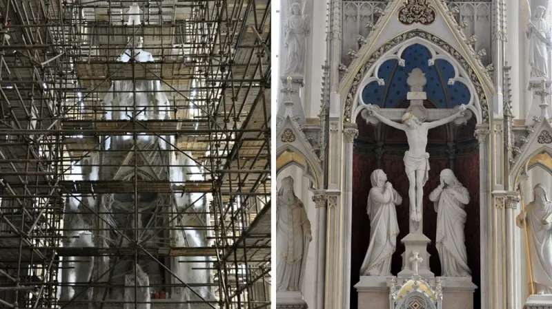 Oltář během rekonstrukce (vlevo) a po ní