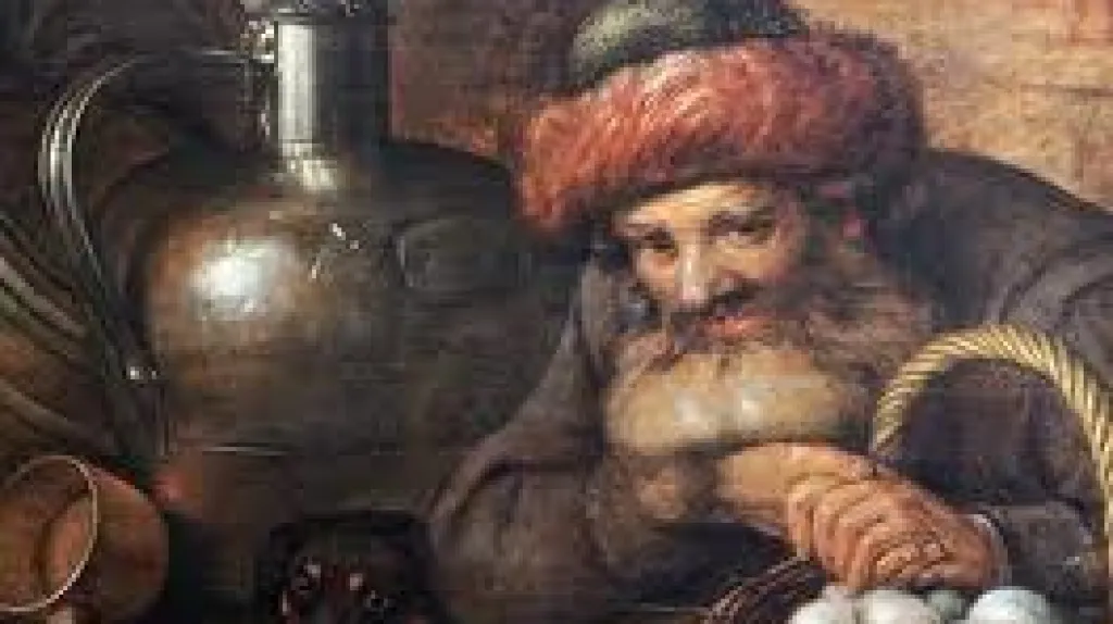 Starý muž s košem vajec, psem a kuchyňským náčiním