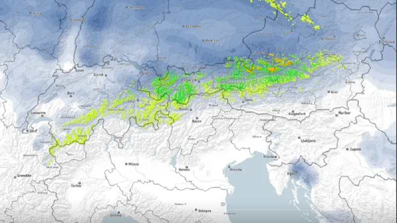 Kolik sněhu připadne v Alpách do úterního rána
