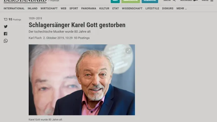 Rakouský Der Standard o úmrtí Karla Gotta