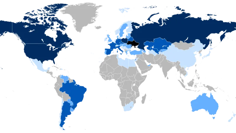Ukrajinská diaspora ve světě (čím tmavší, tím více členů)