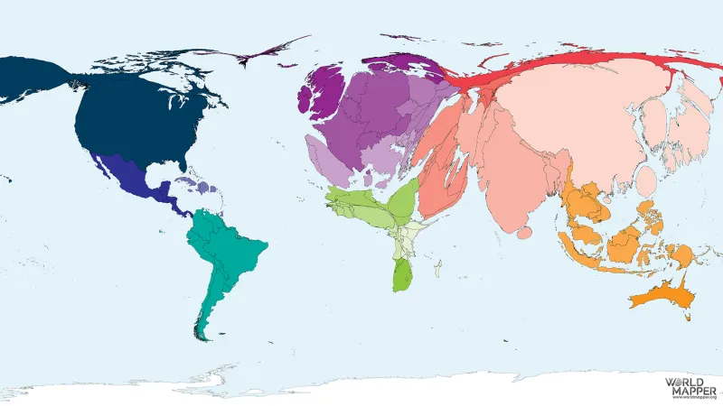 Anamorfovaná mapa podle celkového HDP států