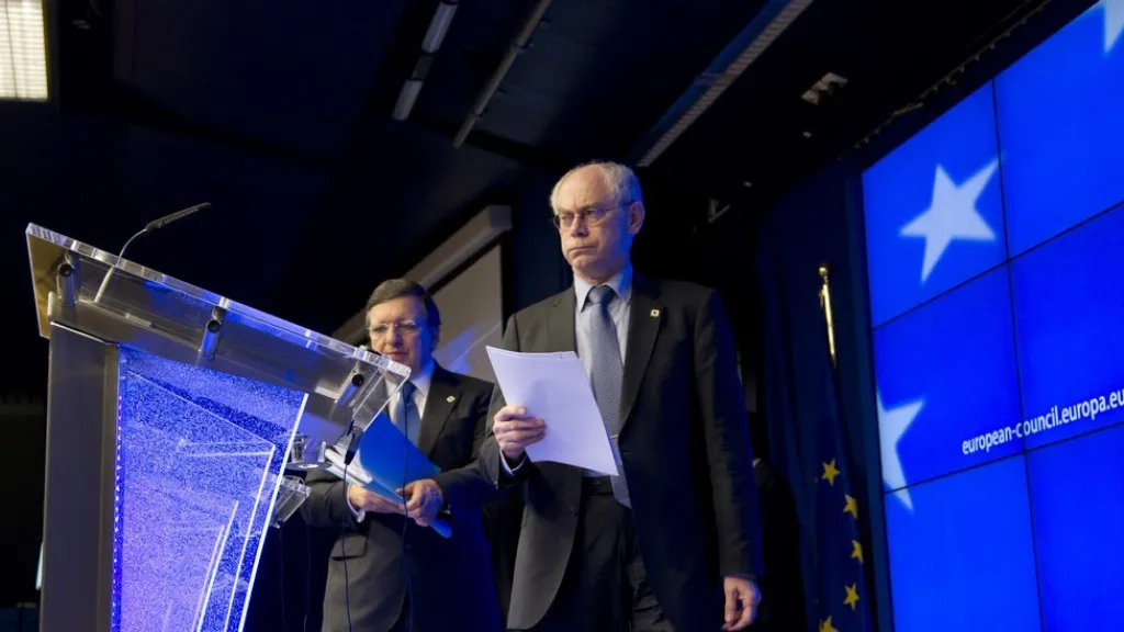 Herman Van Rompuy a José Manuel Barroso na tiskové konferenci po jednání