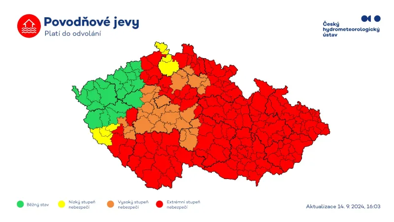 Výstraha na povodňové jevy ze soboty v 16.03