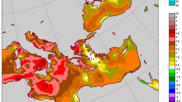 Předpovídaná odchylka teploty mořské vody od dlouhodobého průměru na tento víkend v centrálním a východním Středomoří včetně Černého moře