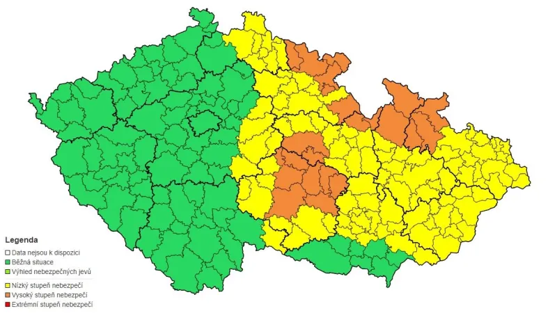 Upravená výstraha ČHMÚ vydaná v neděli 6. srpna