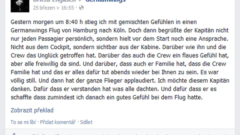Britta Englischová chváli na Facebooku kapitána Woitona