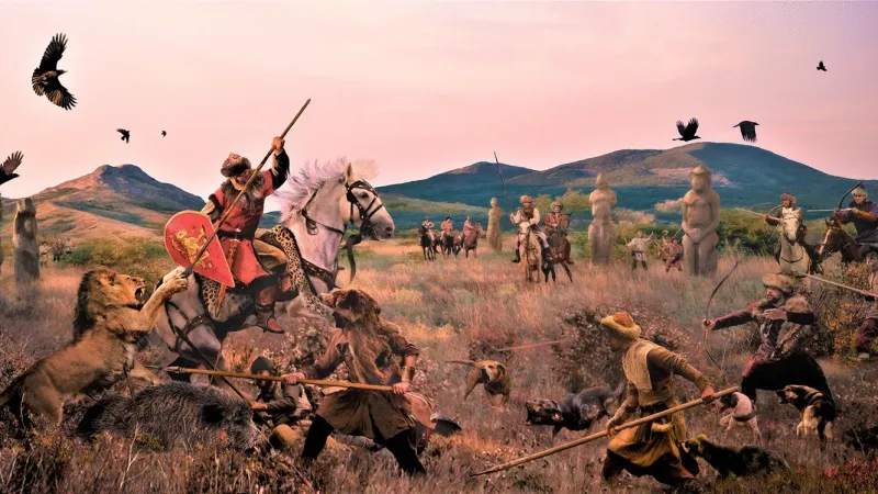 Umělecké vyobrazení utkání kyjevského velkoknížete Vladimíra Monomacha s „divokou šelmou“, údajně perským lvem