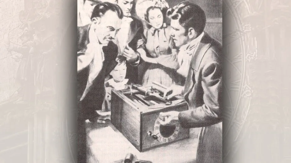 William Austin Burt předvádí svůj psací stroj (dobová ilustrace)