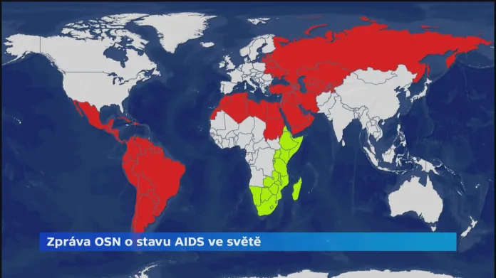AIDS ve světě (zeleně: země, kde počet nakažených klesá; červeně: země, kde počet nakažených stoupá)