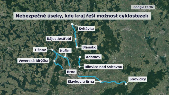 Nebezpečné úseky, kde Jihomoravský kraj řeší možnost cyklostezek
