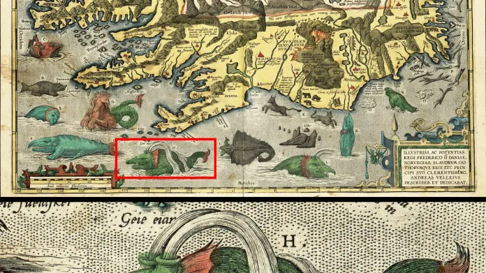 Mapa Islandu z roku 1658. Hafgufa je vyobrazená dole