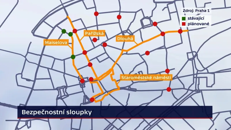 Rozmístění bezpečnostních sloupků v Praze